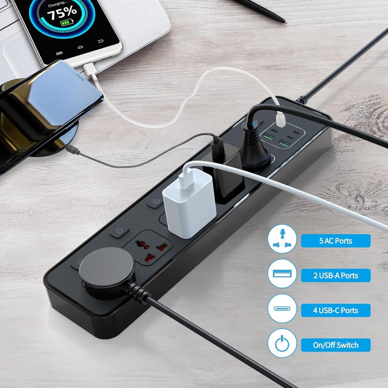 Jumpso USB C Power Strip with Individual Swtich, 6ft Universal Extension Cord with 5 Outlets and 2 USB 4 USB C Ports, Flat Plug, Max 3000w, 110-240v, Multiple Outlets Extender for Office Travel - Image 2