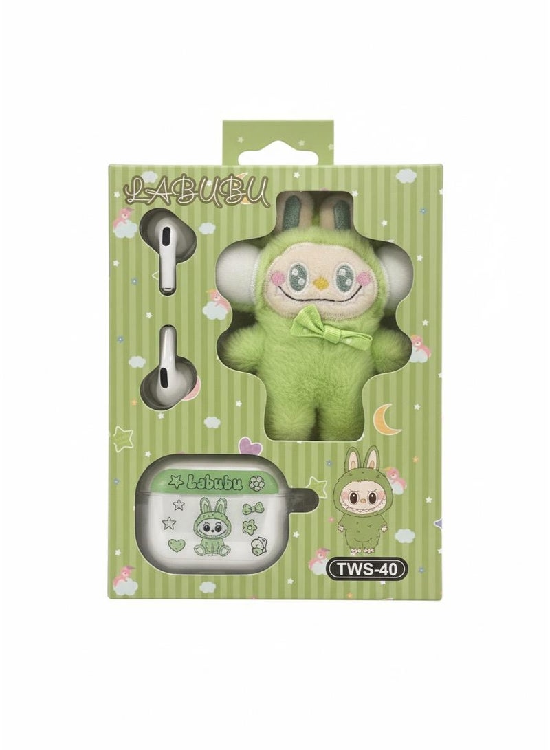 لابوبو مجموعة سماعات أذن لاسلكية LABUBU TWS-40 مع دمية محشوة وغطاء شحن مزخرف – إصدار هدية لطيف ومميز - Image 1