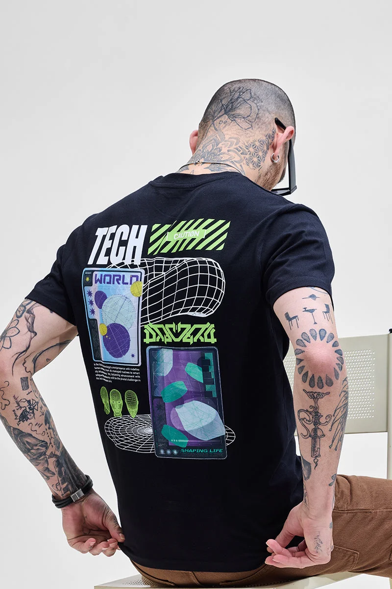SNITCH Black Graphic Half Sleeve Slim Fit Streetwear T-Shirt