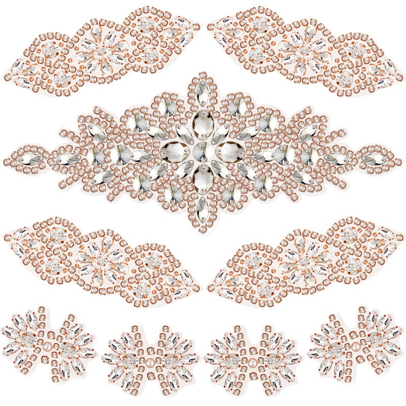 9 Pcs Rhinestone Applique Iron on Patch 3 Style Rhinestone Hot Fix Applique Wedding Hair Appliques for Bridal Wedding Dress Clothing Sash Crystal Belt Sewing Appliques for ShoesGold