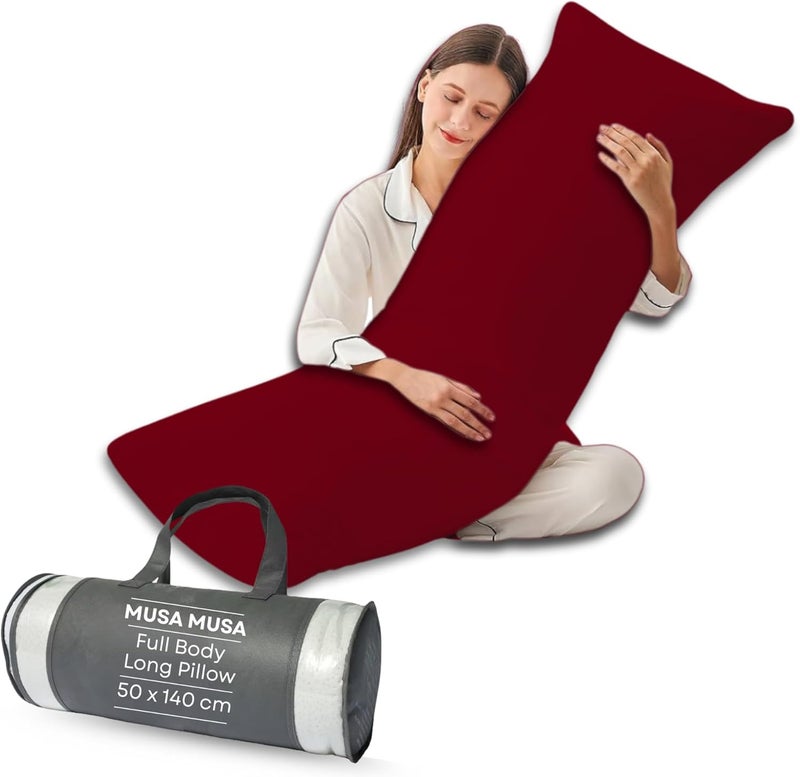 MUSA MUSA® Full Body Long Pillow with 300 Cotton TC - Breathable Polyester Filling, Pregnancy Pillow for Belly Support, Sleeping, Side Sleeper & Back Sleepers Maternity Pillow (Burgundy, 50 x 140cm) - Image 1