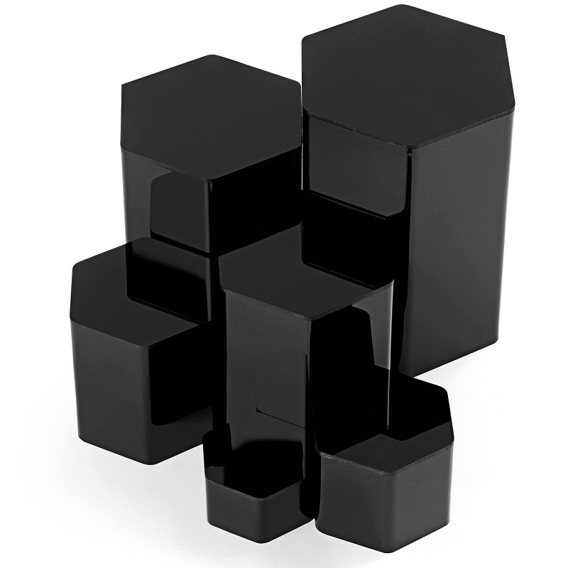 BEST MEDIA Hexagonal Black Acrylic Display Risers, Multi-Size Jewelry Showcase Stands for Accessories and Collectibles Display- Modern - Set of 6 - Black