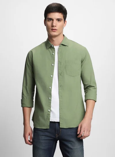 Dennis Lingo Slim Fit Green Men's Casual Shirt, Spread Collar, Full Sleeves, 100% Cotton,