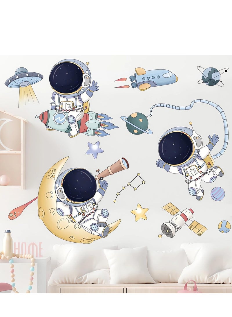 Excefore Astronaut Wall Stickers, Cute Cartoon Space Cosmic Flying Saucers Decals DIY Removable Large Art Decoration, Peel and Stick, for Boy Kids Nursery Living Room Bedroom Children's - Image 1