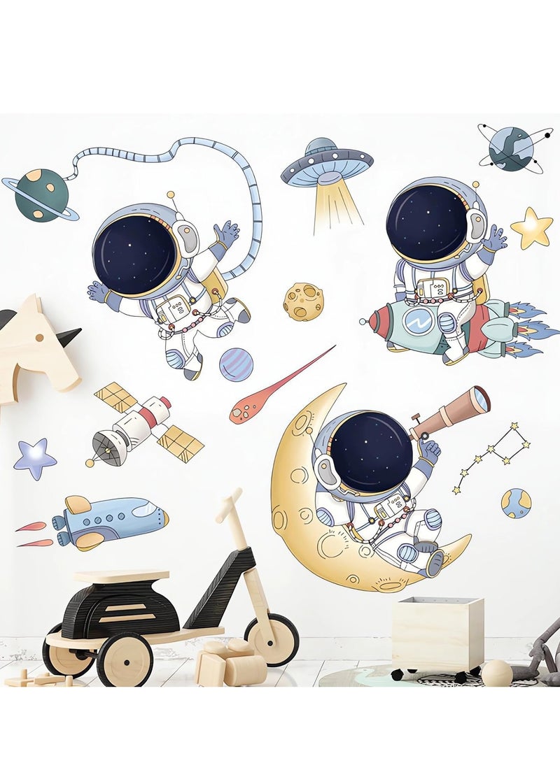 Excefore Astronaut Wall Stickers, Cute Cartoon Space Cosmic Flying Saucers Decals DIY Removable Large Art Decoration, Peel and Stick, for Boy Kids Nursery Living Room Bedroom Children's - Image 2