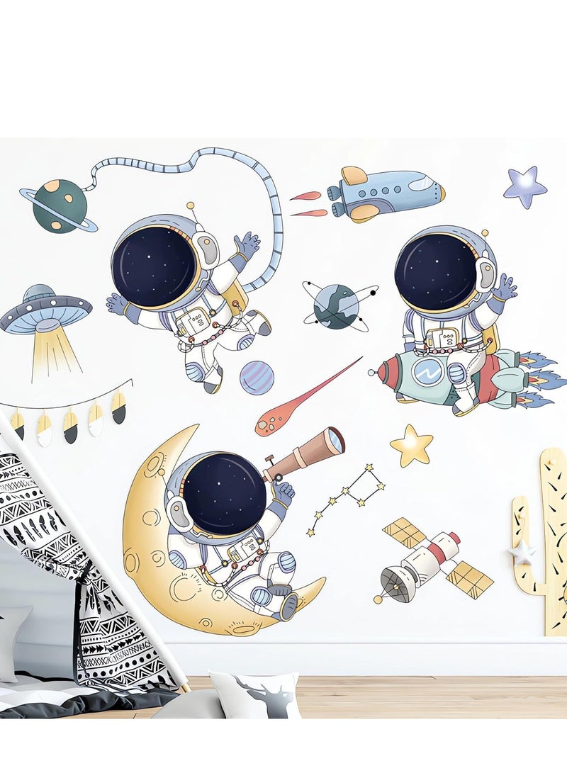 Excefore Astronaut Wall Stickers, Cute Cartoon Space Cosmic Flying Saucers Decals DIY Removable Large Art Decoration, Peel and Stick, for Boy Kids Nursery Living Room Bedroom Children's - Image 4