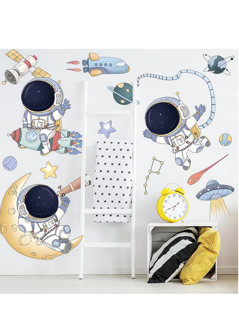 Excefore Astronaut Wall Stickers, Cute Cartoon Space Cosmic Flying Saucers Decals DIY Removable Large Art Decoration, Peel and Stick, for Boy Kids Nursery Living Room Bedroom Children's - Image 3