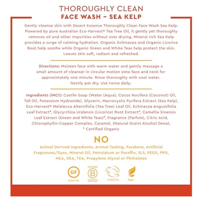 Desert Essence Thoroughly Clean Face Wash with Sea Kelp, Tea Tree Oil, Nourishing Castile Soap, Coconut Oil & More - Gently Remove Dirt & Impurities Without Drying Skin - Vegan, Sulfate Free - 8.5oz - Image 2