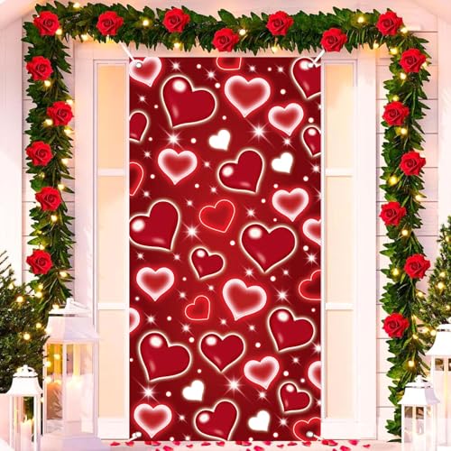 BUTEN Mother's Day Red Heart Door Cover Decorations Photo Backdrop Early 2000s Background for Photography Happy Birthday Banner Old School Valentines Selfile Wall (Red) - Image 1