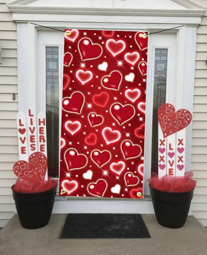 BUTEN Mother's Day Red Heart Door Cover Decorations Photo Backdrop Early 2000s Background for Photography Happy Birthday Banner Old School Valentines Selfile Wall (Red) - Image 3