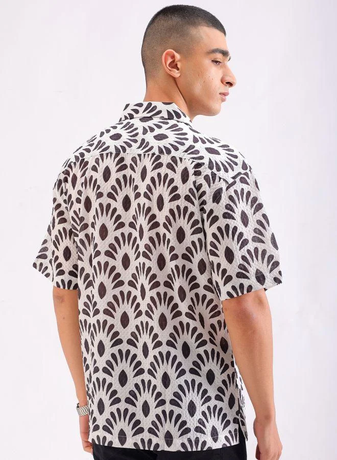 The Indian Garage Co Men Relaxed Fit Textured Printed Half Sleeves Cuban Collar Resort Wear Shirt