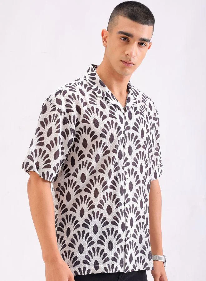 The Indian Garage Co Men Relaxed Fit Textured Printed Half Sleeves Cuban Collar Resort Wear Shirt
