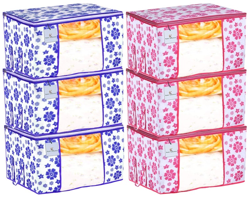 Kuber Industries Kuber Industries Flower Design 6 Piece Non Woven Fabric Underbed Storage BagCloth OrganiserBlanket Cover with Transparent Window Pink Blue CTKTC41136  - Image 1