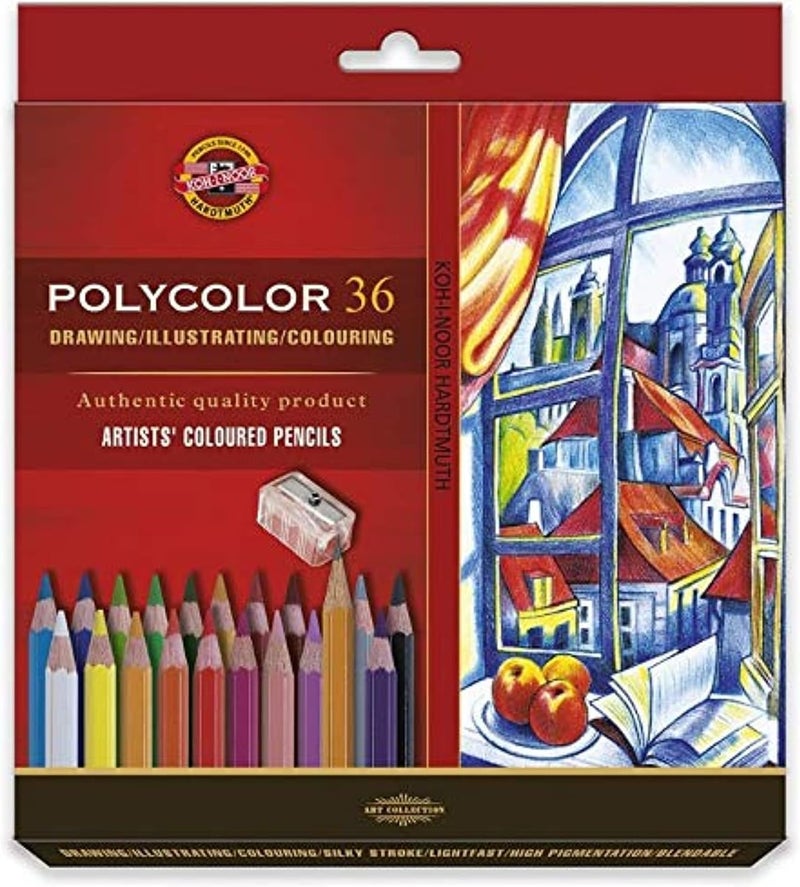 KOH-I-NOOR 3835 POLYCOLOR - Artist Pencils with Sharpener and 2 Graphite Pencils in a Cardboard case - Assorted Colours, 36 Pieces