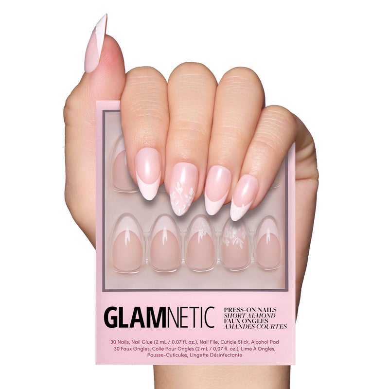 Glamnetic Press On Nails - All Time Love Spring Nails | Glossy, Semi-Transparent, Short Almond French Tip Fake Nails with Leaf Accents, Salon Quality | 15 Sizes - 30 Nail Kit with Glue - Image 1