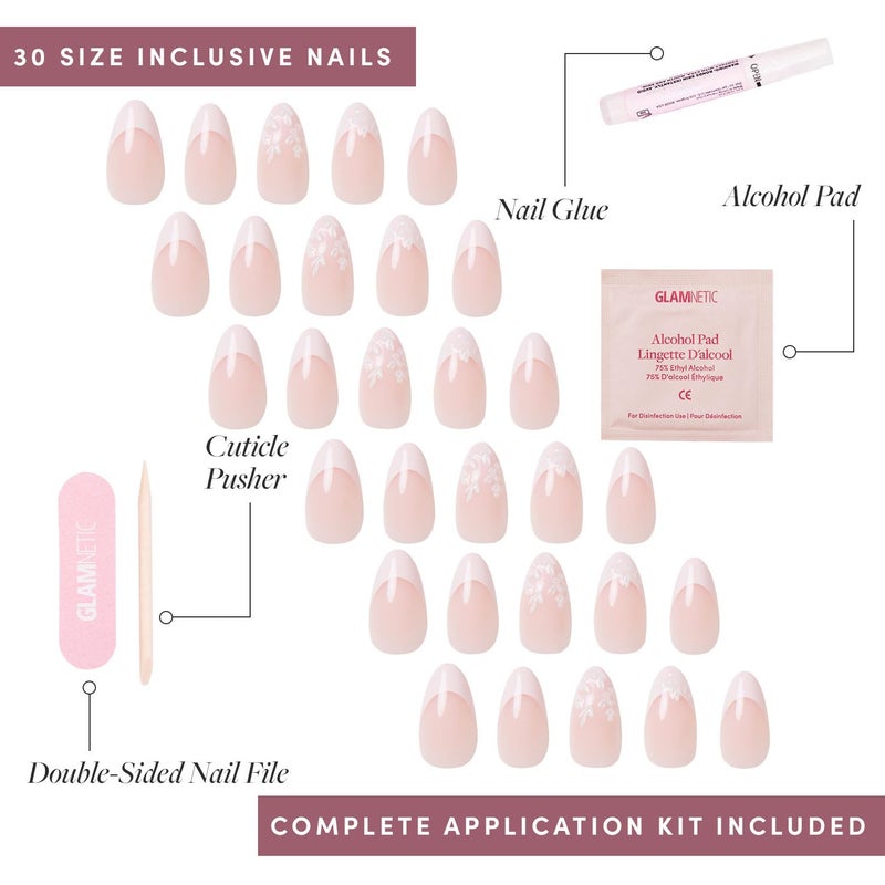Glamnetic Press On Nails - All Time Love Spring Nails | Glossy, Semi-Transparent, Short Almond French Tip Fake Nails with Leaf Accents, Salon Quality | 15 Sizes - 30 Nail Kit with Glue - Image 4