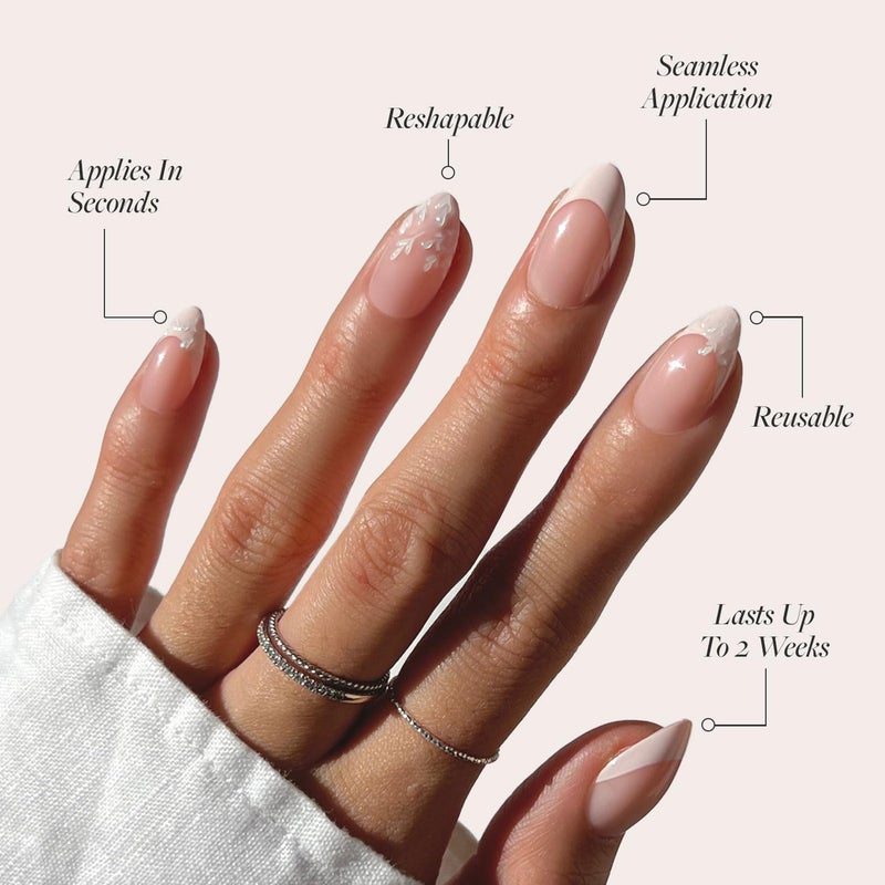 Glamnetic Press On Nails - All Time Love Spring Nails | Glossy, Semi-Transparent, Short Almond French Tip Fake Nails with Leaf Accents, Salon Quality | 15 Sizes - 30 Nail Kit with Glue - Image 3