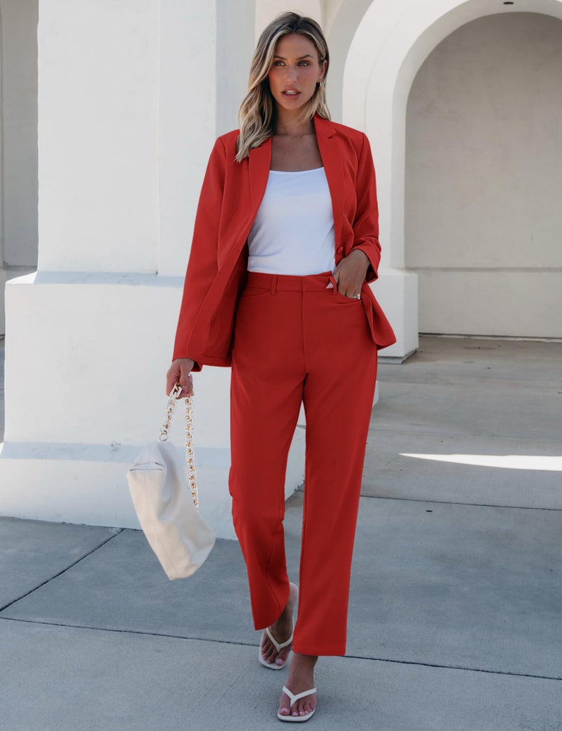 luvamia Women's Two Piece Sets Pants Suits Dressy Business Casual Outfits Professional Blazer Pantsuits Set Work Office Red Medium Fits US 8-10 - Image 3