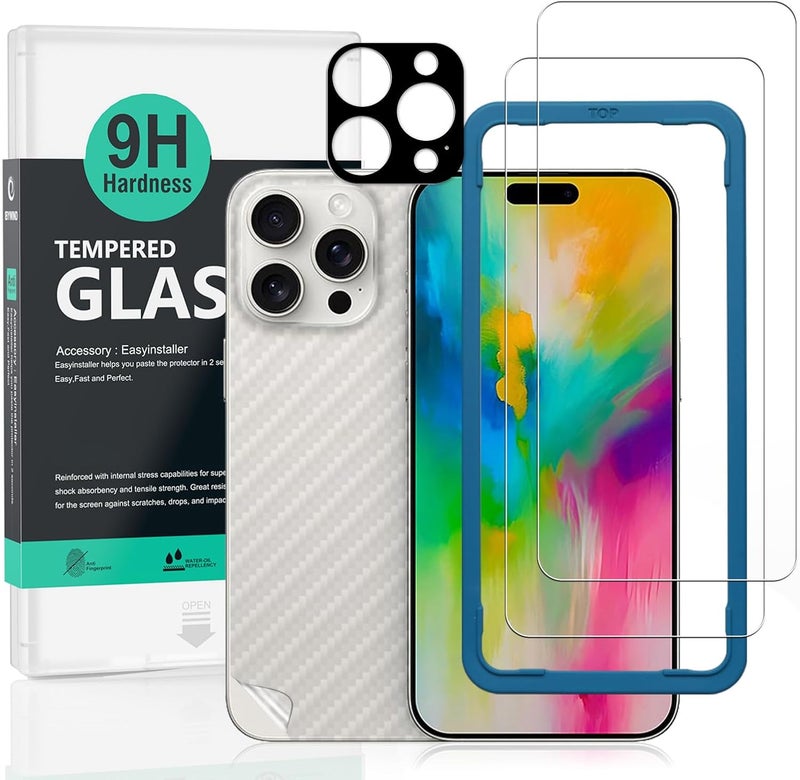 Ibywind 2 Pack Screen Protector Compatible with Apple iPhone 16 Pro 5G 6.3",9H Hardness Tempered Glass,With 1Pc Camera Lens Protector,1Pc Back Carbon Fiber Film,Easy to Install - Image 1