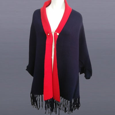 Autumn and Winter New Womens Double-sided Shawl Scarf Dual-use Tassel Thickened Long Cashmere Blended Cape Jacket with Sleeve Navy blue red 