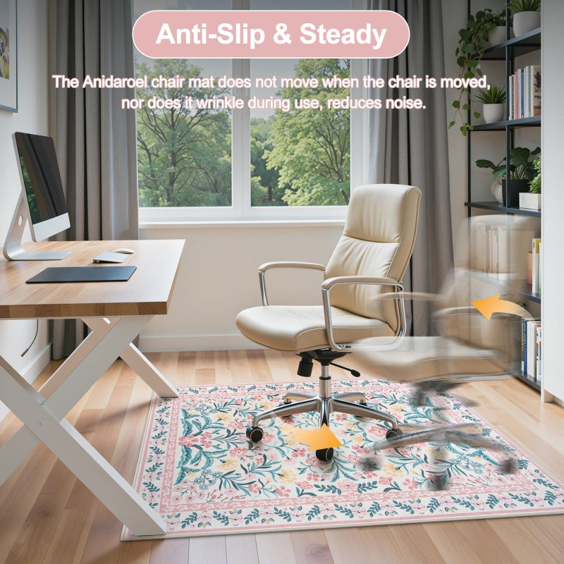 Anidaroel 36"x48" Office Chair Mat for Hardwood Floor, Boho Floral Floor Mat for Office Chair, Anti-Slip Desk Rug for Office, Low Pile Desk Chair Mats for Hardwood, Blush Pink Small Office Rug - Image 5