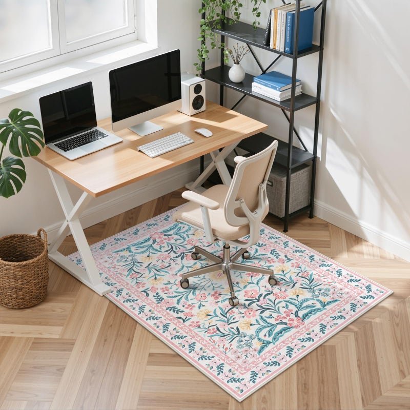 Anidaroel 36"x48" Office Chair Mat for Hardwood Floor, Boho Floral Floor Mat for Office Chair, Anti-Slip Desk Rug for Office, Low Pile Desk Chair Mats for Hardwood, Blush Pink Small Office Rug - Image 1