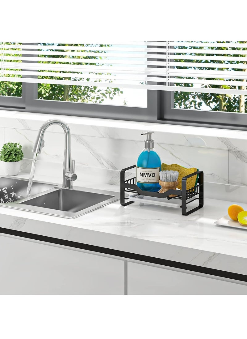 Oasisgalore - Kitchen Sink Caddy Sponge Holder Soap Holder，Kitchen Sink Organizer Countertop with Removable Drain Tray-Black - Image 1