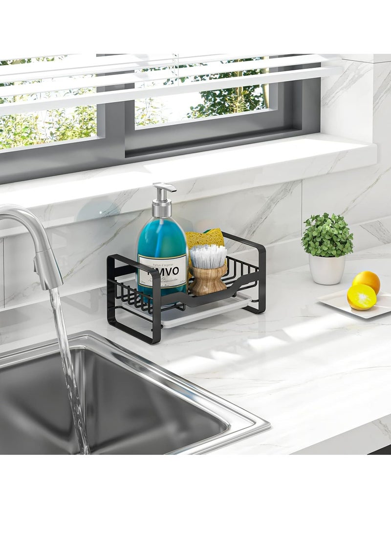 Oasisgalore - Kitchen Sink Caddy Sponge Holder Soap Holder，Kitchen Sink Organizer Countertop with Removable Drain Tray-Black - Image 1