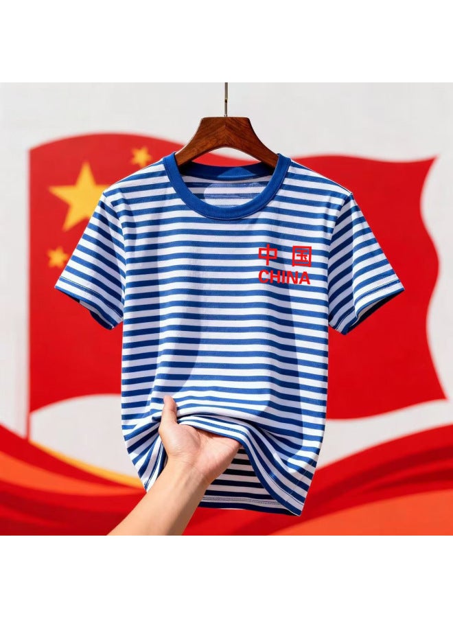 Primary And Middle School Students Red Scarf Activity Class Clothes National Day Family Clothes Pure Cotton Sea Soul Shirt T-shirt Short Sleeve Blue And White Striped Trendy