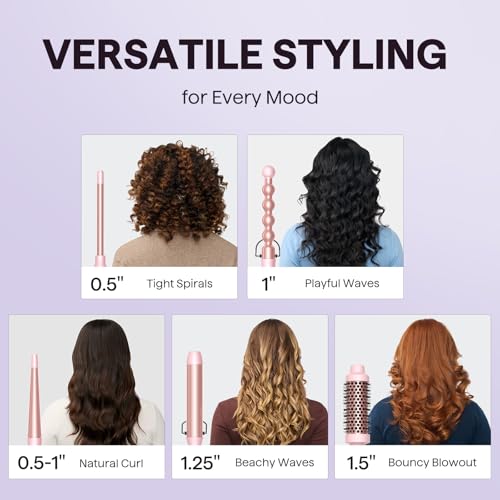 Wavytalk 5 in 1 Curling Iron,Curling Wand Set with Curling Brush and 4 Interchangeable Ceramic Curling Wand(0.5”-1.25”),Instant Heat Up,Include Heat Protective Glove & 2 Clips (Pink) - Image 2