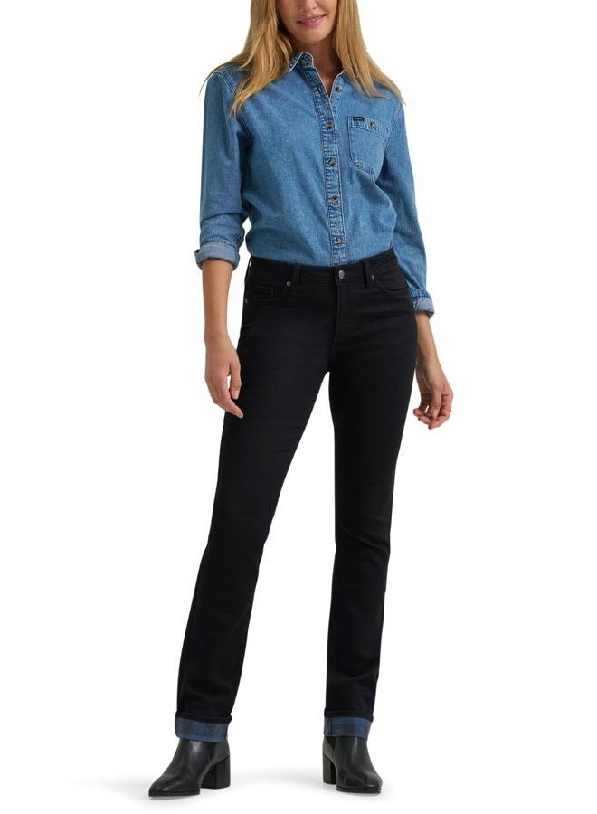 LEE Womens Legendary Mid Rise Straight Leg Jean, Dark Wander - Plaid Fleece Lined, 16 - Image 2
