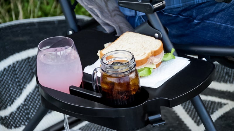 Camco Zero Gravity Chair Tray - Features 2 Cup Holders & Built-in Hook for Bags - Textured Non-Slip Surface & Drainage Holes in Cup Holders (51834) - Image 2