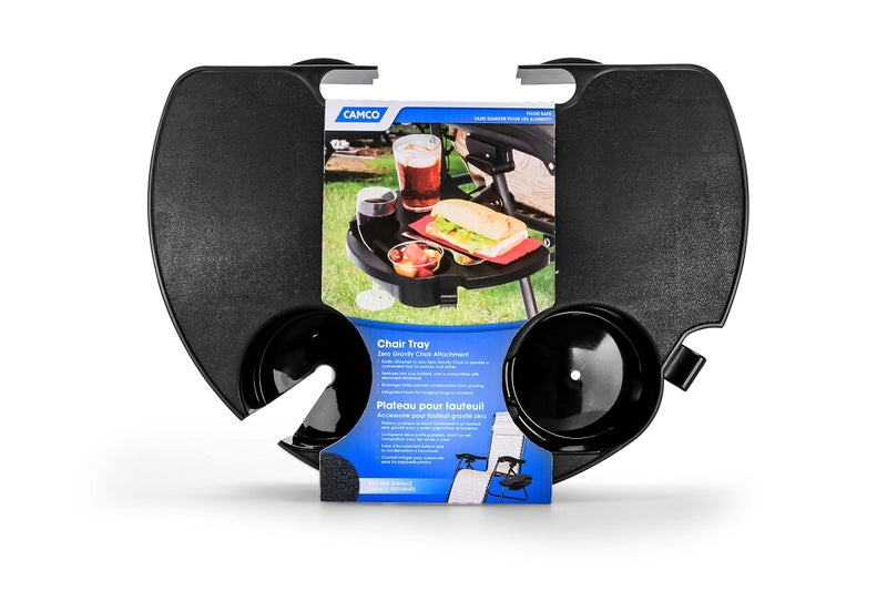 Camco Zero Gravity Chair Tray - Features 2 Cup Holders & Built-in Hook for Bags - Textured Non-Slip Surface & Drainage Holes in Cup Holders (51834) - Image 1