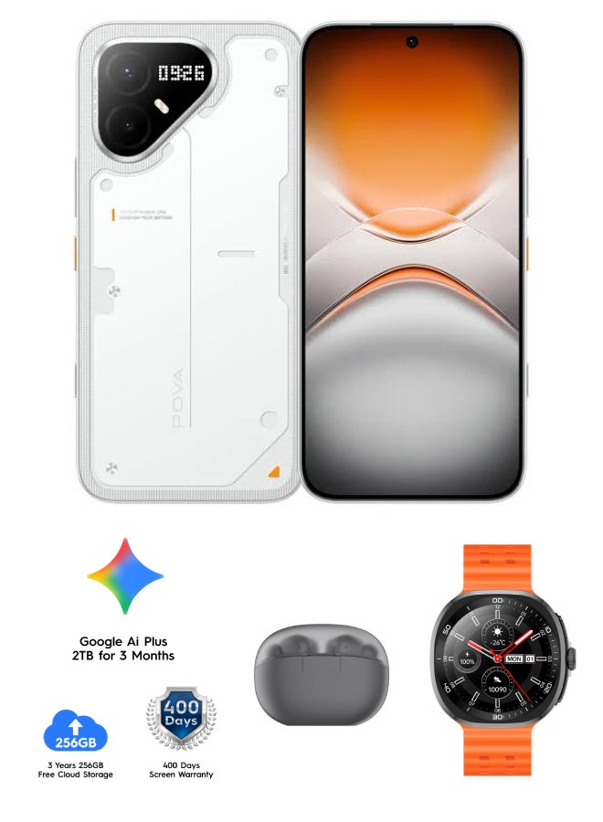 TECNO POVA 8 Pro 5G 256GB 12+12GB Arc White + Free Gift ( Buds4 + 256GB Free Cloud Storage + 400 Days Screen Warranty + Google AI Plus 2TB for 3 Month) With Tecno Neo Watch (two silicone bands included) - Image 1