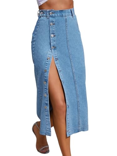 HBQ Trendy High Waisted Denim Skirt for Women Button Front Slit Midi Skirt for Ladies Fashion 2025 Summer-Blue-XL - Image 1