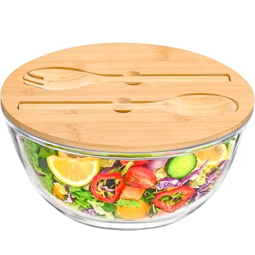 GEHE Glass Salad Bowl with Lid, 10.6Inch Large Trifle Bowl Glass Fruit Bowl, 4.7 Quart Large Capacity Serving Bowls for Salad, Pasta, Fruit, Dessert Display Cake, Microwave Safe - Image 1
