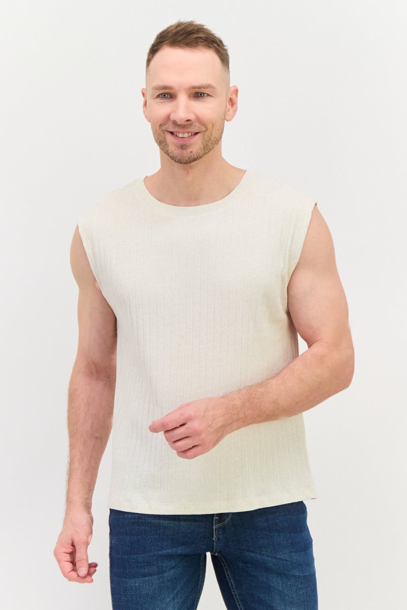 NAH/ Studio Men Round Neck Sleeveless Textured Vest,  Cream - Image 1