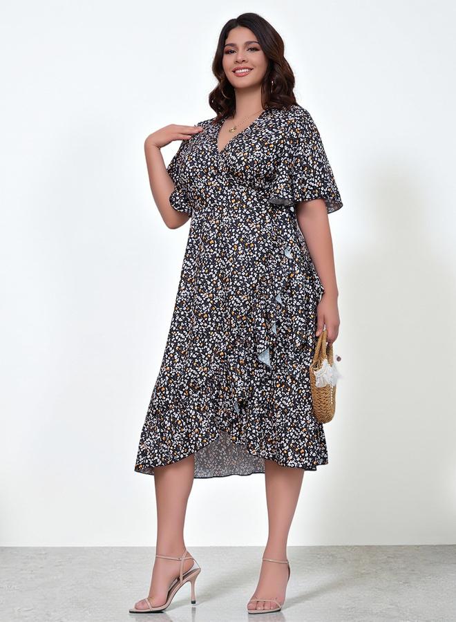 Take Two Plus Size Black Floral V-Neck A-Line Midi Dress - Image 1