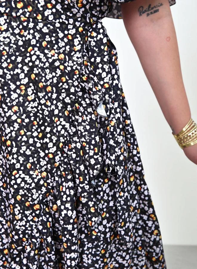 Take Two  Plus Size Black Floral V-Neck A-Line Midi Dress for Women | Best Price UAE