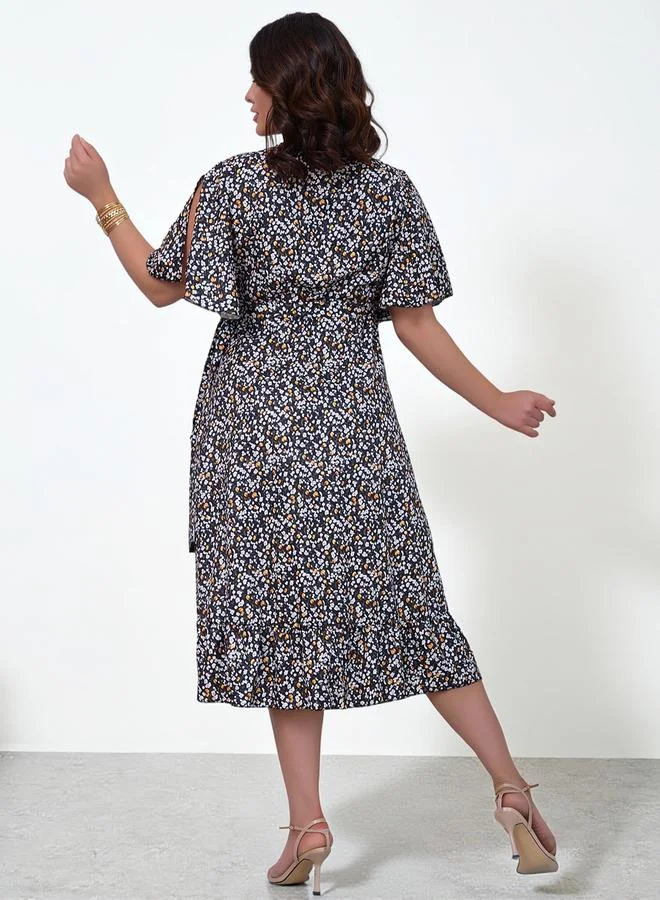 Take Two  Plus Size Black Floral V-Neck A-Line Midi Dress for Women | Best Price UAE