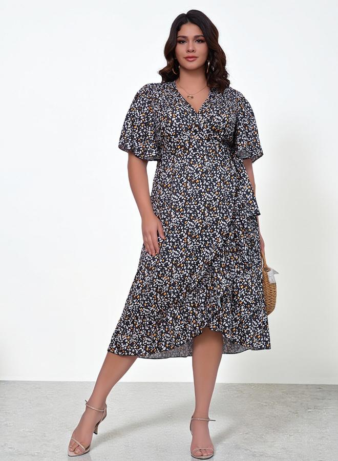 Take Two Plus Size Black Floral V-Neck A-Line Midi Dress - Image 2