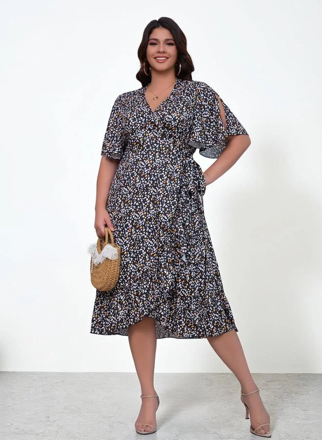 Take Two  Plus Size Black Floral V-Neck A-Line Midi Dress for Women | Best Price UAE