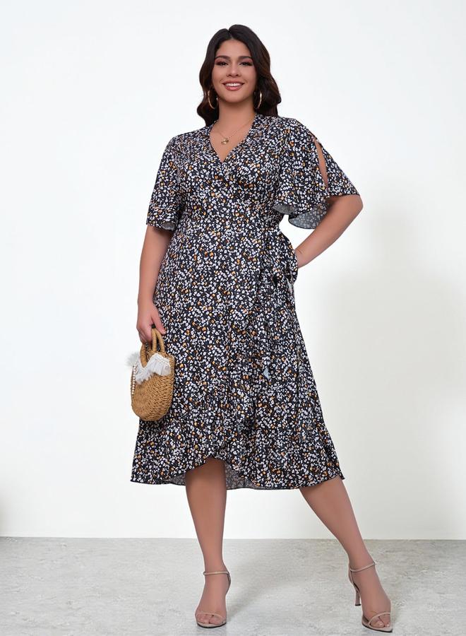 Take Two Plus Size Black Floral V-Neck A-Line Midi Dress - Image 4