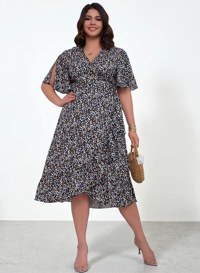 Take Two  Plus Size Black Floral V-Neck A-Line Midi Dress for Women | Best Price UAE