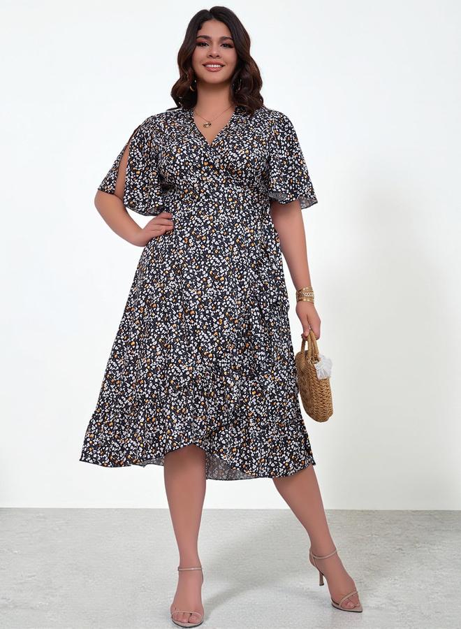 Take Two Plus Size Black Floral V-Neck A-Line Midi Dress - Image 3