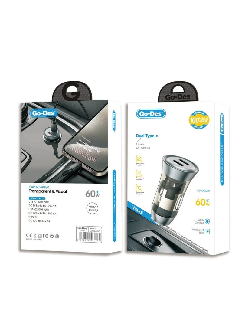 GO-DES "Dual USB-C 60W Fast Car Charger Adapter – All-Metal Build with Transparent Shell, Smart Power Distribution, PD & QC 3.0 Compatible, Compact High-Speed Charging for iPhone, Samsung, MacBook & More" - Image 3