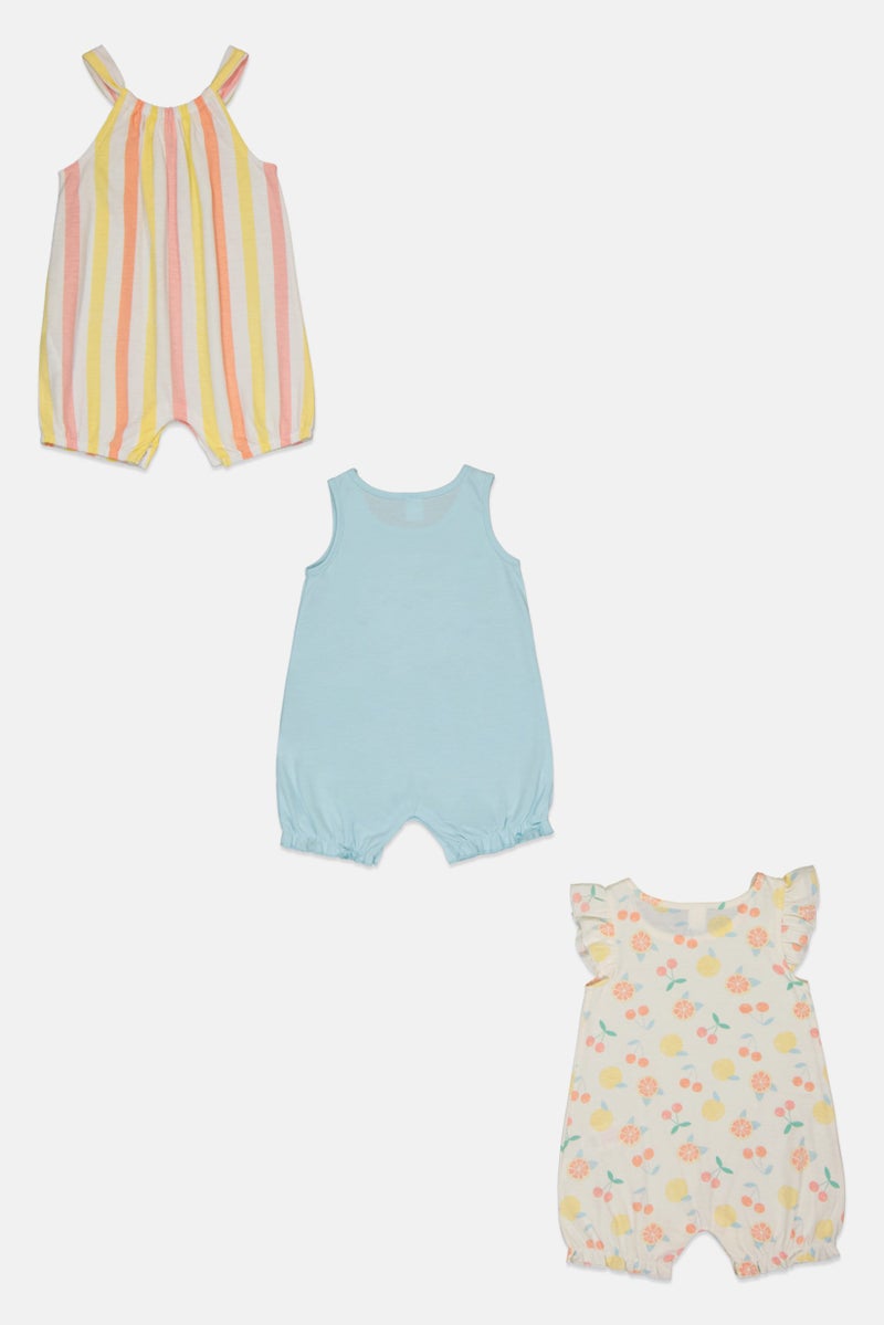 Petit Lem Toddlers Girl 3 Pcs Allover Print Rompers, Multicolor - Image 3