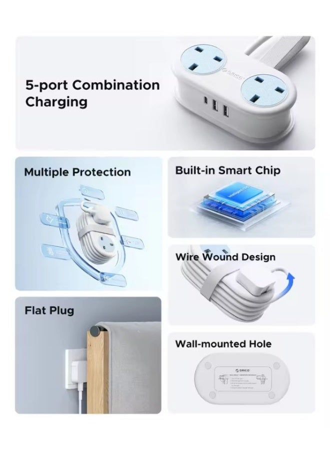 ORICO UK Plug Electrical Power Strip with Multiple 2 AC Outlets 2 USB Port 2 Type C Port 1.6M Extension Cord Portable Travel - Image 3