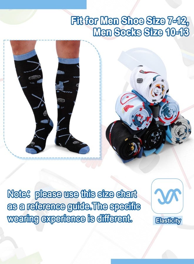 Cutecrop 6 Pairs Funny Knee High Hockey Socks for Men Adult Novelty Cotton Athletic Socks with Ice Hockey Sticks Trophy Protective Gear Patterns Birthday Xmas Holiday Gift for Sports Lovers - Image 5