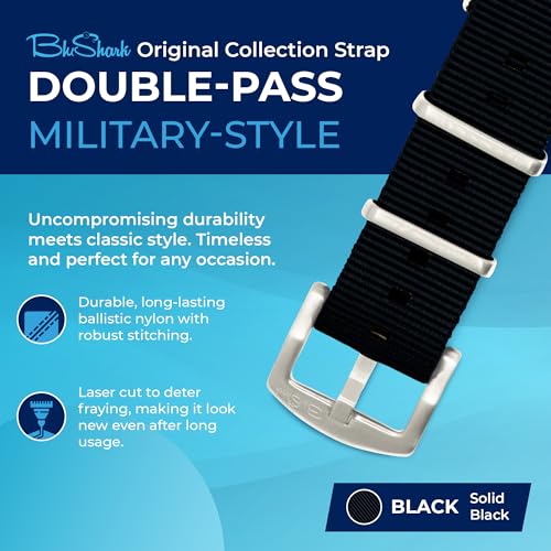 BluShark - Original Collection Military-Style Waterproof Watch Strap, Fits All Timepiece Brands, Durable Nylon Wristwatch Accessories with Stainless Steel Buckle, Black, 20mm - Image 2